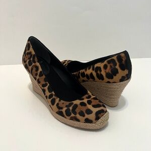 NIB J. Crew Seville Espadrille Wedges in Leopard Calf Hair, Size 8 US/38 1/2 EU